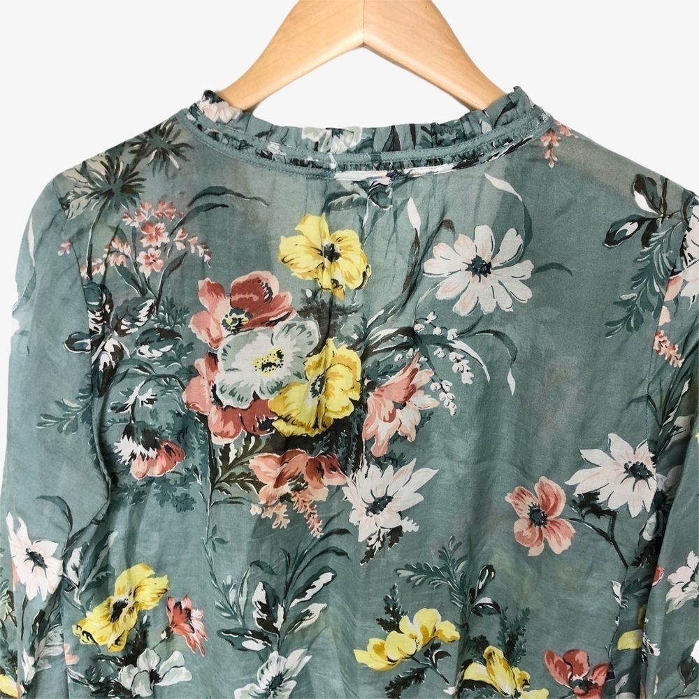 Loft Floral Print Tie Neck Blouse Size Medium Green 70187 Women’s - Picture 5 of 8